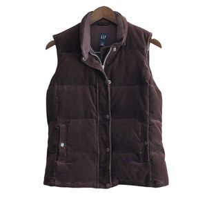 Gap Down Filled Corduroy Puffer Zip Up Thick Soft Sleeveless Vest Top Brown